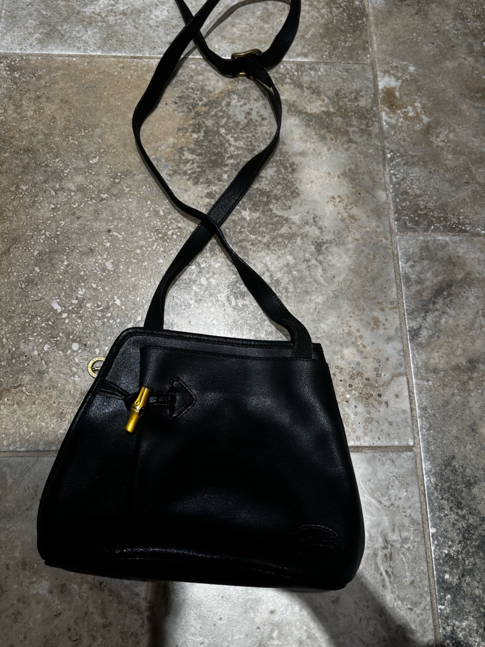 Longchamp Black Leather Crossbody with Gold Toggle
